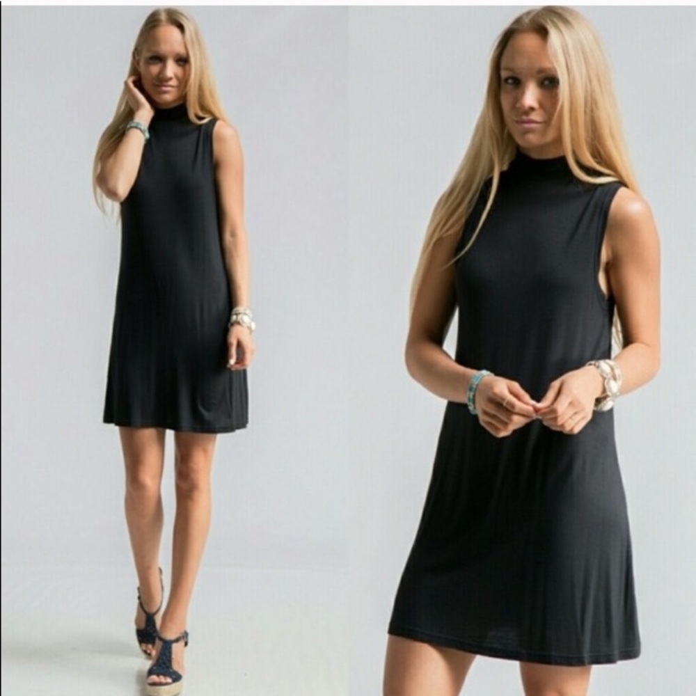 ~HP~ Boutique Boho Mock Black Soft Low Side Relaxed Fit Sleeveless Dress - Picture 1 of 3